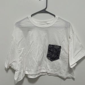 Hand sewn Cat design pocket grey pocket on white crop top